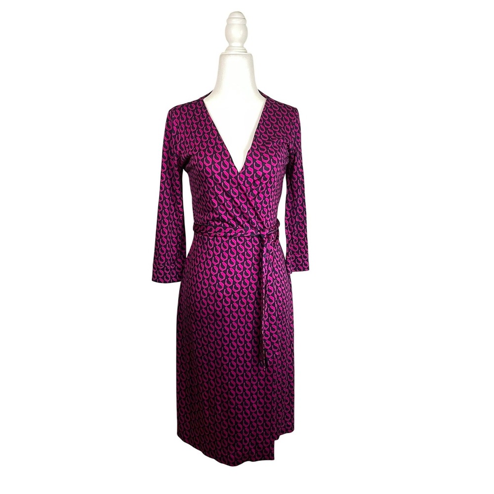 Diane von Furstenberg DVF Sz 4 New Julian Two Silk Wrap Dress Fuchsia Pink Navy